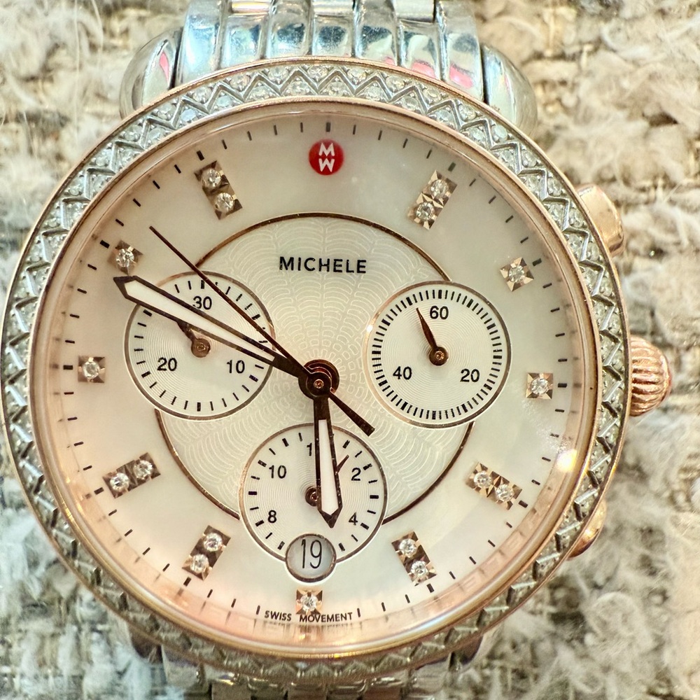 Michele Sidney Two Tone Silver & Rose Gold Diamond 38mm Watch.